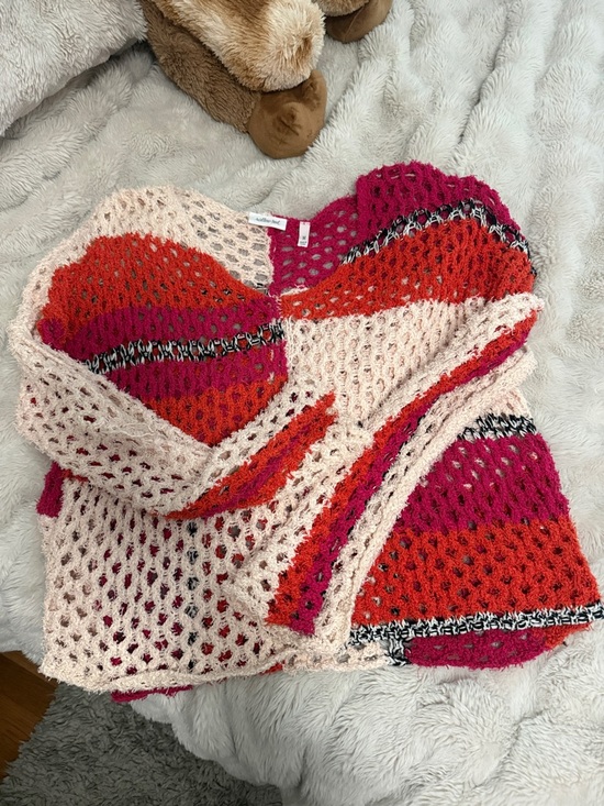 willow & root Sweaters - Open-Knit Colorblock Scoop Sweater - Pink, Red & Cream